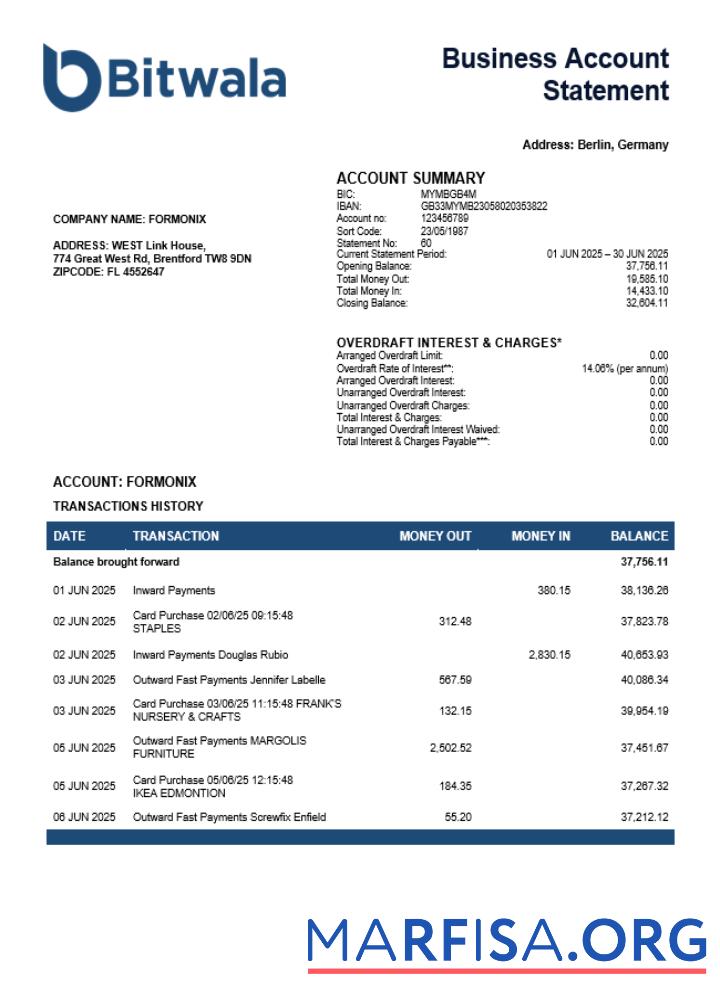Blank United Kingdom Bitwala firm account statement Word and PDF template